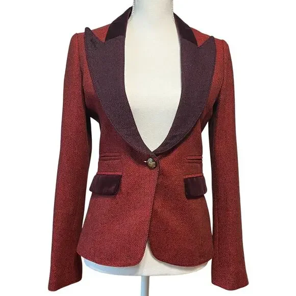 Smythe Duchess Tweed Peaked Lapel Velvet Trim Blazer Jacket Red Burgundy Size 6 - Picture 2 of 9
